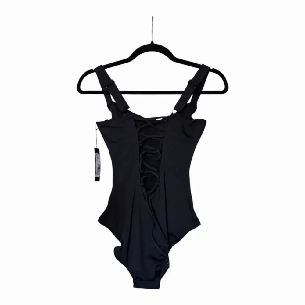 TA3 Lifty One Piece Swimsuit Black Corset Sculpting Lace Back Size Small NWT
